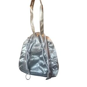 Nike Silver Metallic Nylon GYM Drawstring Bucket Bag Shiny Sporty Casual
